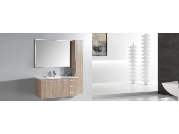 Meuble de salle de bain suspendu en grain de bois avec armoire et miroir mural IL2506