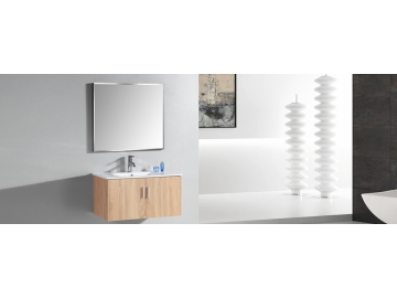 Meuble de salle de bain suspendu simple en chêne clair avec miroir IL2548