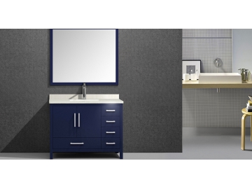 Meuble de salle de bain bleu mat sur pieds avec miroir à cadre M6506