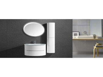 Meuble de salle de bain suspendu à dessus de vanité en verre avec miroir rond LED IL567